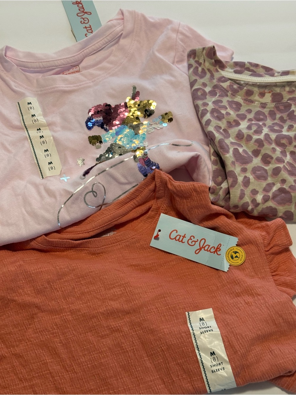 3 ShirtsCat & Jack Pink Sequin Unicorn Short Sleeve Tee with Coral & Purple Tops
